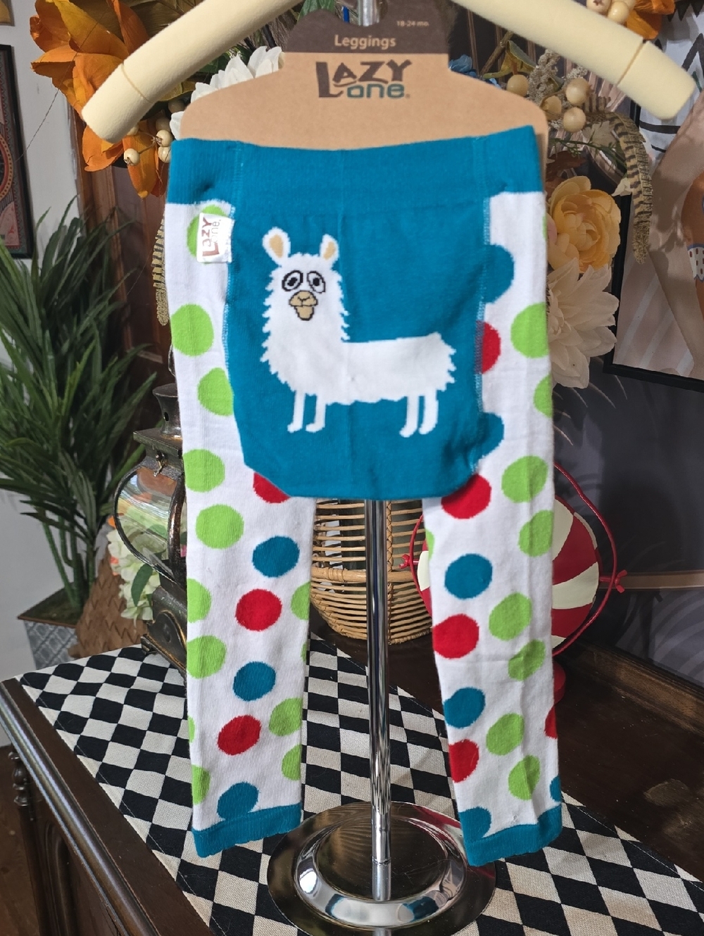 Lazy One Kids Polka Dot Llama Leggings - Teal, White, Red, Lime Nwt 18 24